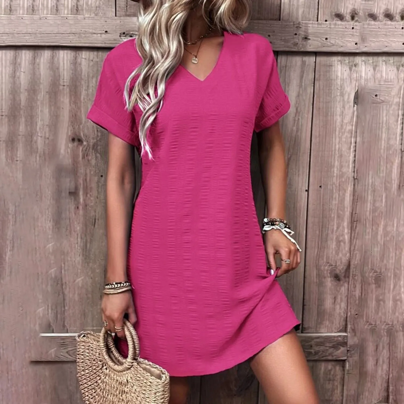 

2024 Women's Casual Summer Mini T-shirt Dress V Neck Fashion Slim Fit Solid Color Short Sleeve Resort Beach Dresses For Women