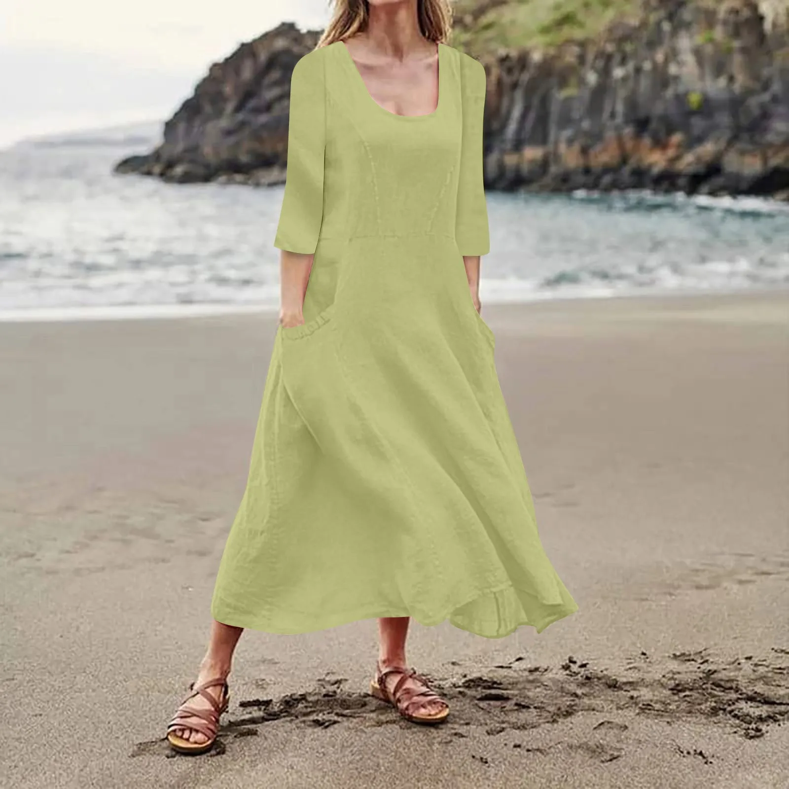 

Summer Casual Women's Seven Sleeves Round Neck Dresses Loose Boho Beach Holiday Dress With Pockets Solid Colour Sundress