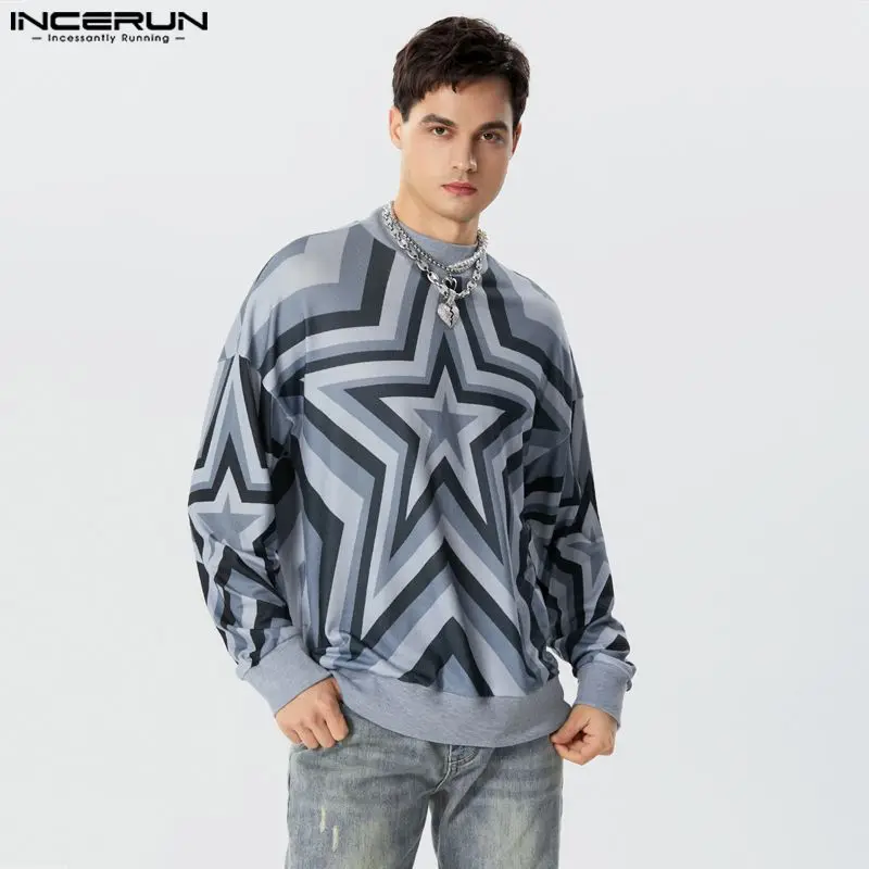 

Handsome Well Fitting Tops INCERUN New Men's Gradient Star Print Pullover Leisure High Neck Pullover Long Sleeved Sweater S-5XL