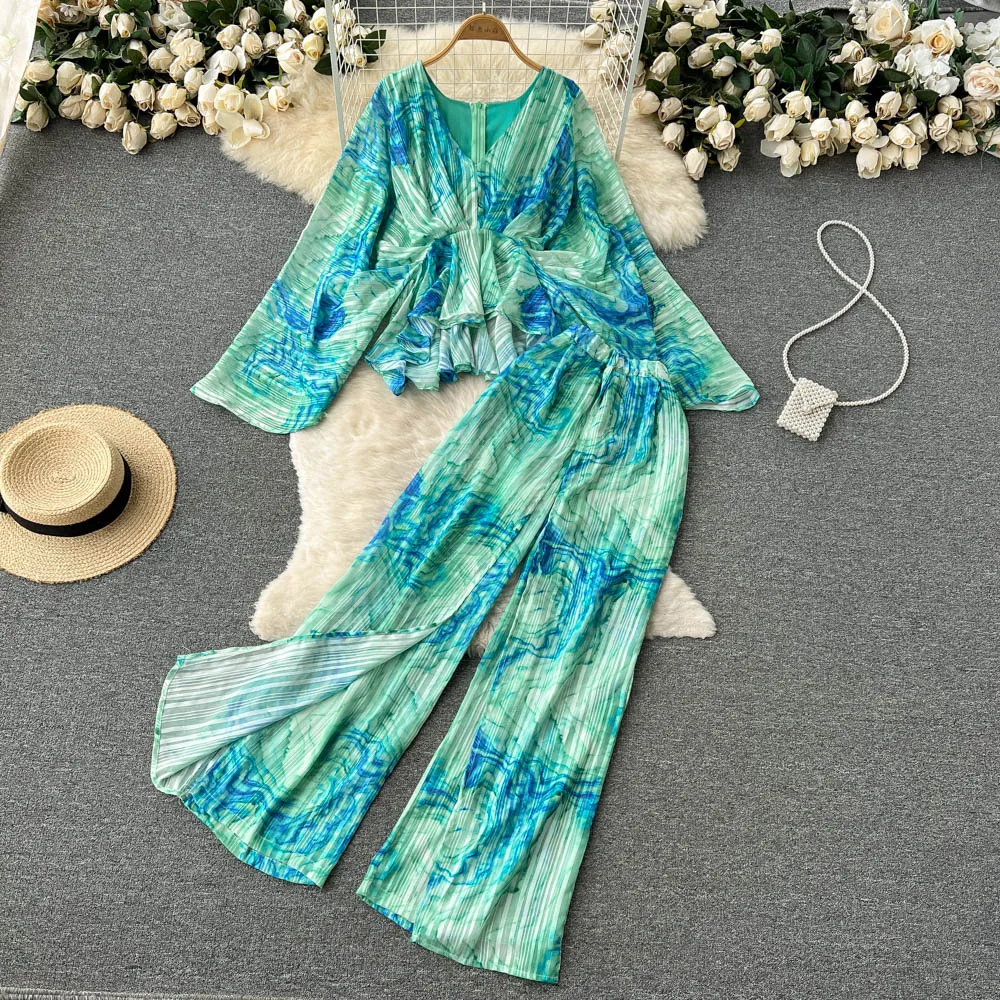 Retro Tie-dye Temperament Suit Women's Irregular Thin V-neck Long-sleeved Top High-waisted Wide-leg Pants Two-piece Set
Retro Tie-dye Temperament Suit Women's Irregular Thin V-neck Long-sleeved Top High-waisted Wide-leg Pants Two-piece Set