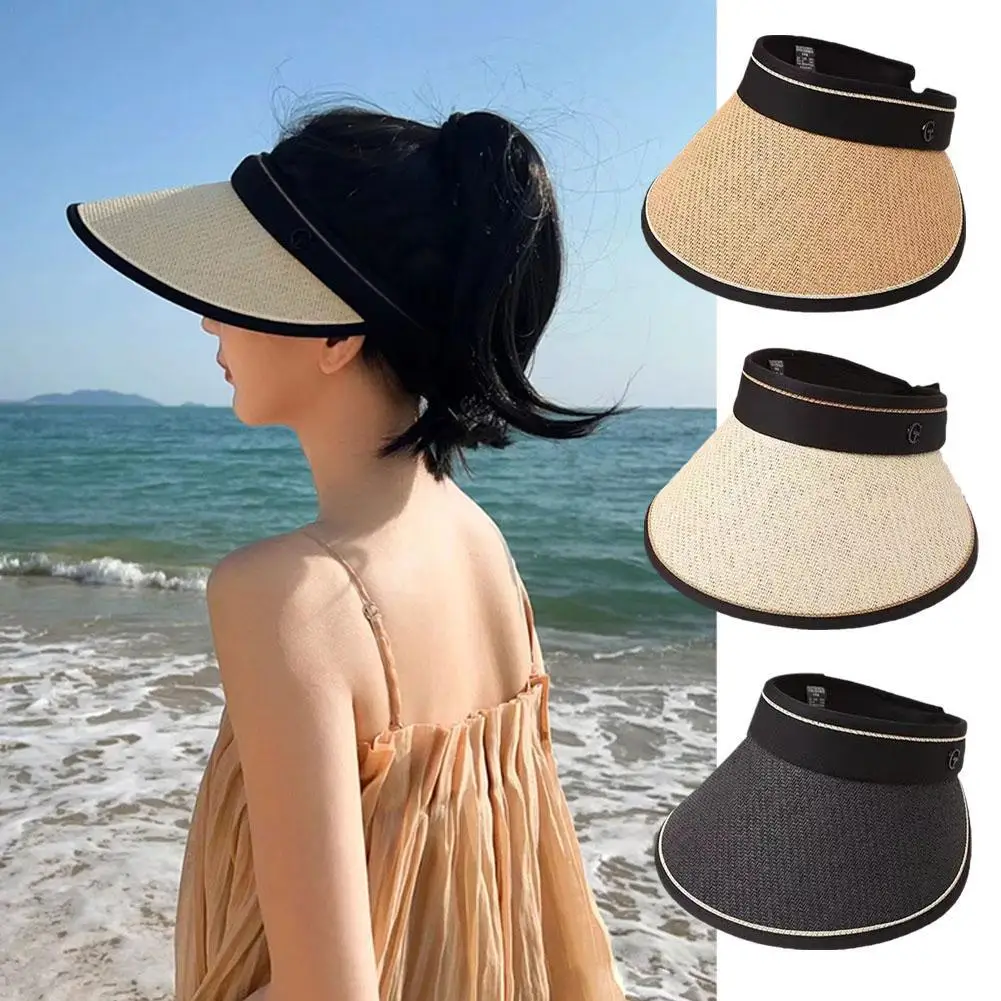 

Summer Empty Top Portable Wide Large Brim Hat Women's Casual Foldable Visors Straw Cap Sunshade Sun Hats Beach Hats