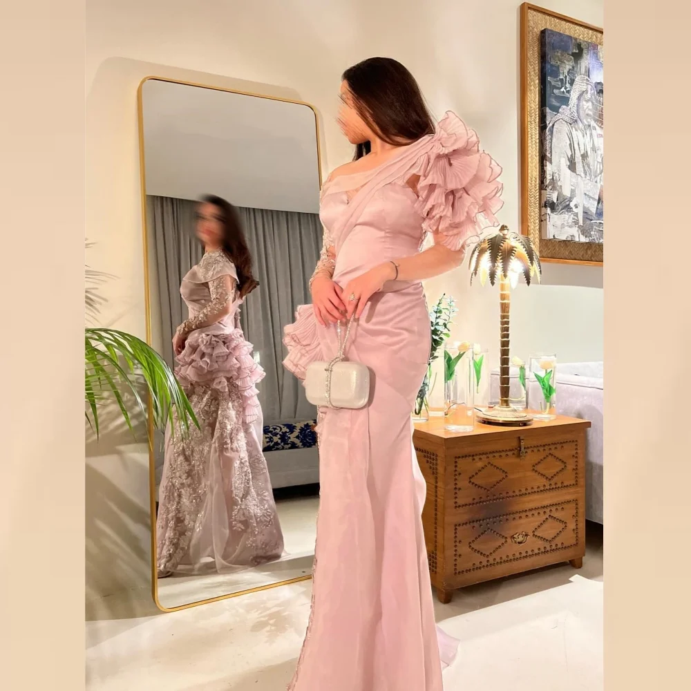 

Ball Dress Evening Saudi Arabia Satin Draped Pleat Ruched Clubbing A-line Off-the-shoulder Bespoke Occasion Gown Long Dresses