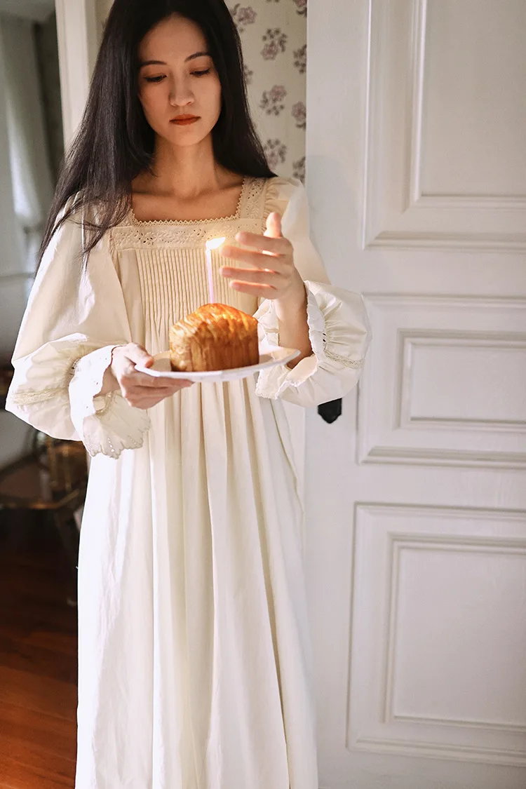 Vintage Soft Cotton Beige Long Nightgowns For Women Long Sleeve Elegant Nightshirts Comfortable Loose Sweet Night Dress 15 Sd4c70c2304b44863aff1c2e0687603ecu