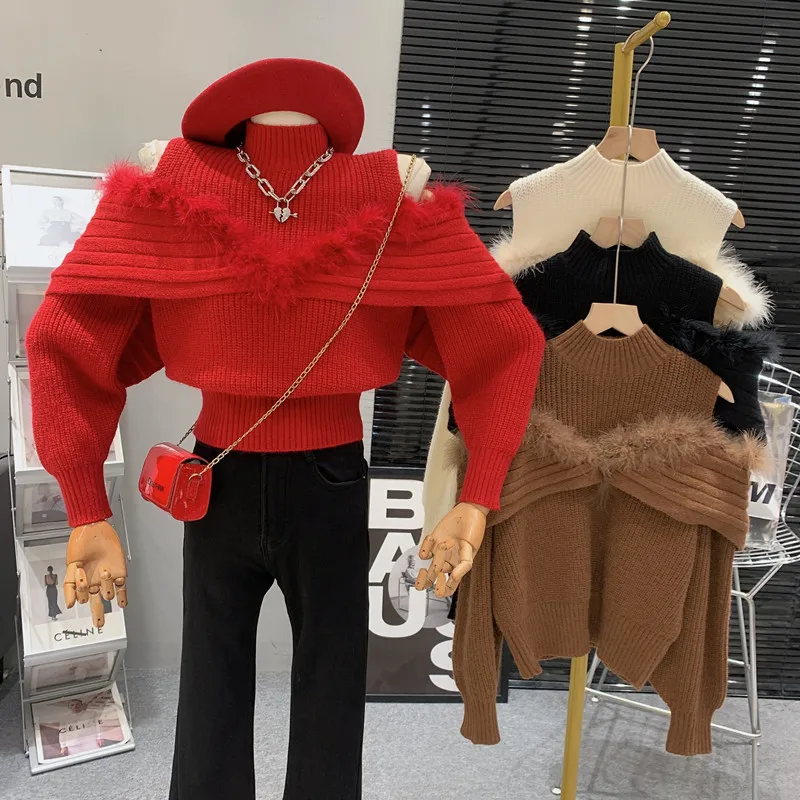 Sexy Off Shoulder Plush Spliced Half High Neck High Grade Foreign Style Versatile Fashion Knitted Sweater top Women 
Sexy Off Shoulder Plush Spliced Half High Neck High Grade Foreign Style Versatile Fashion Knitted Sweater top Women