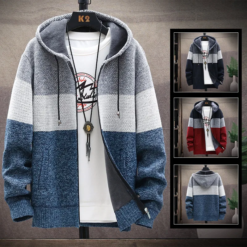 

Men's Hooded Jumper Cold Sweater Winter Cardigan Fleece Wool Autum Warm Loose Zip Up Jacket Male Knitwear Coat