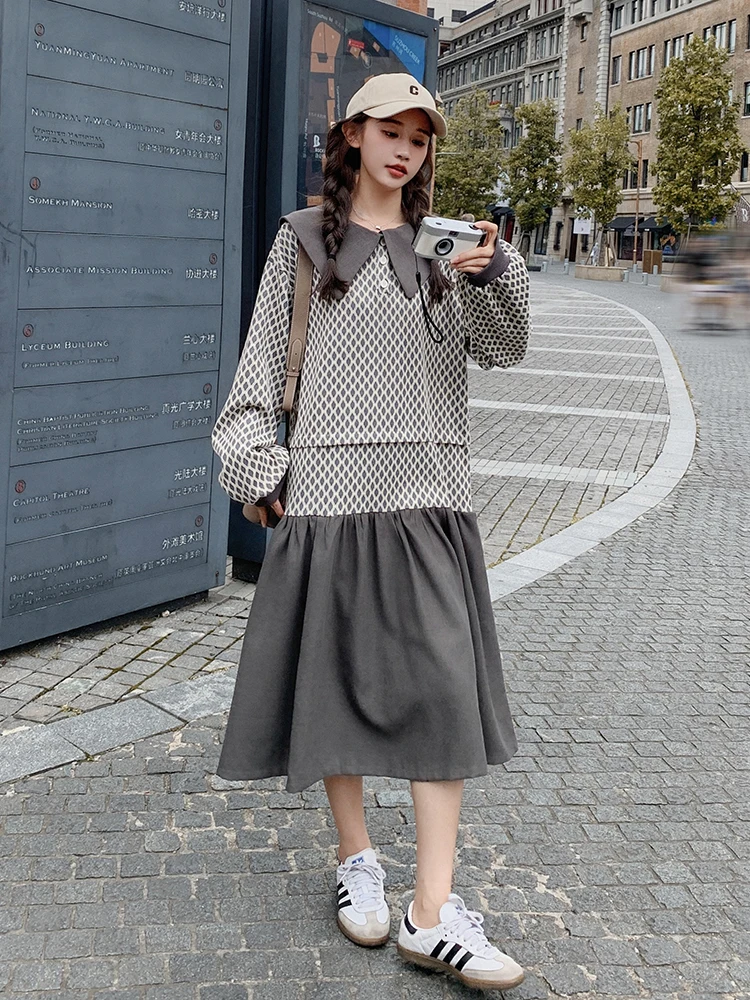 

Preppy Style Long Sleeve Peter Pan Collar Spliced Plaid Dress for Women 2023 Autumn Elegant Sweet Loose Casual Maxi Dresses 2327