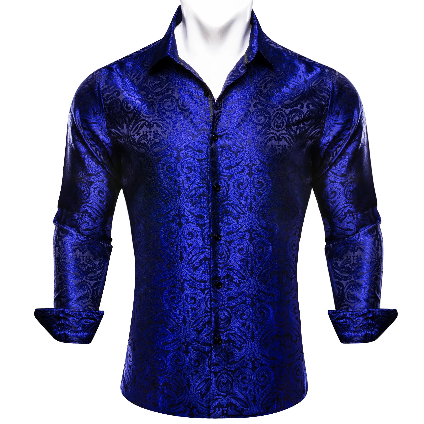 

Роскошные мужские рубашки небесно-голубой темно-синий вышитый Пейсли повседневные приталенные мужские блузки с длинным рукавом отворот Barry Wang