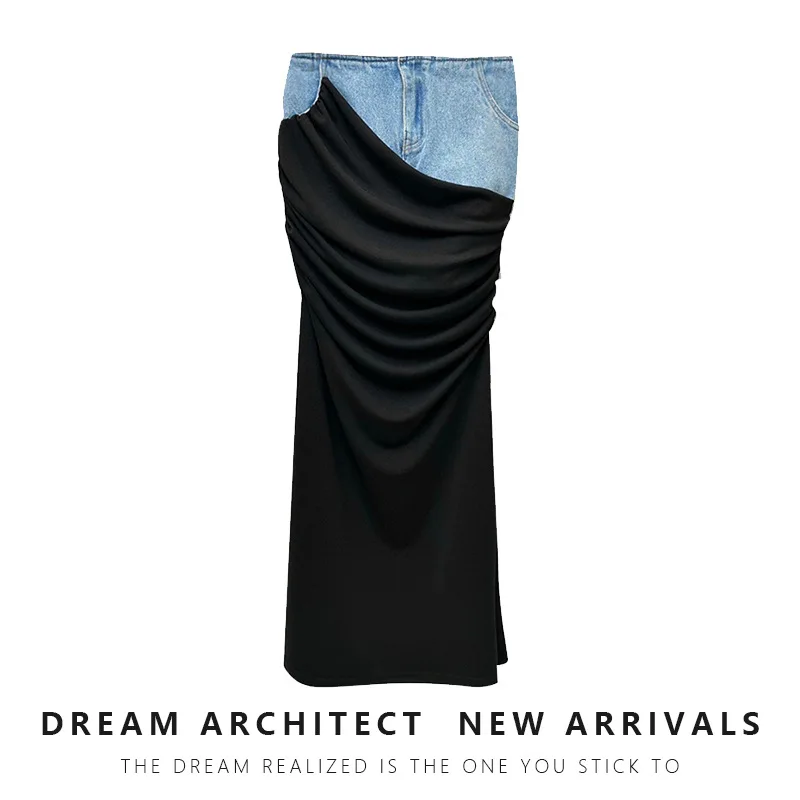 

Modern deconstructed high-waisted skirt women's spring new black pleated panel design sense long denim skirt