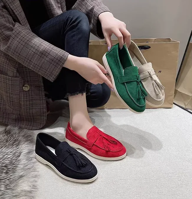 Womens Flock Thick Bottom Driving Shoes Round Toe Flock Tassel White Sole Soft Moccasines In Green Black Wide Fits Slip-On 35-45 Womens Flock Thick Bottom Driving Shoes Round Toe Flock Tassel White Sole Soft Moccasines In Green Black Wide Fits Slip-On 35-45
