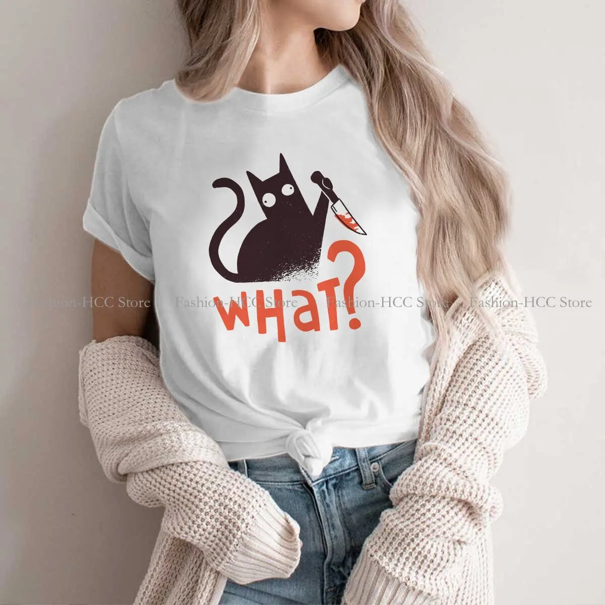 

Holding Knife Funny Halloween Fashion Polyester TShirts Cat What Murderous Women Style Tops T Shirt O Neck