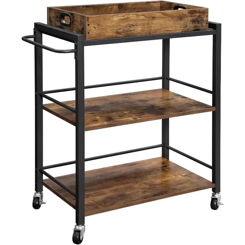 

VASAGLE Industrial Bar Cart for The Home, Serving Cart with Wheels and Handle, 3-Tier Beverage Cart with Removable Tray