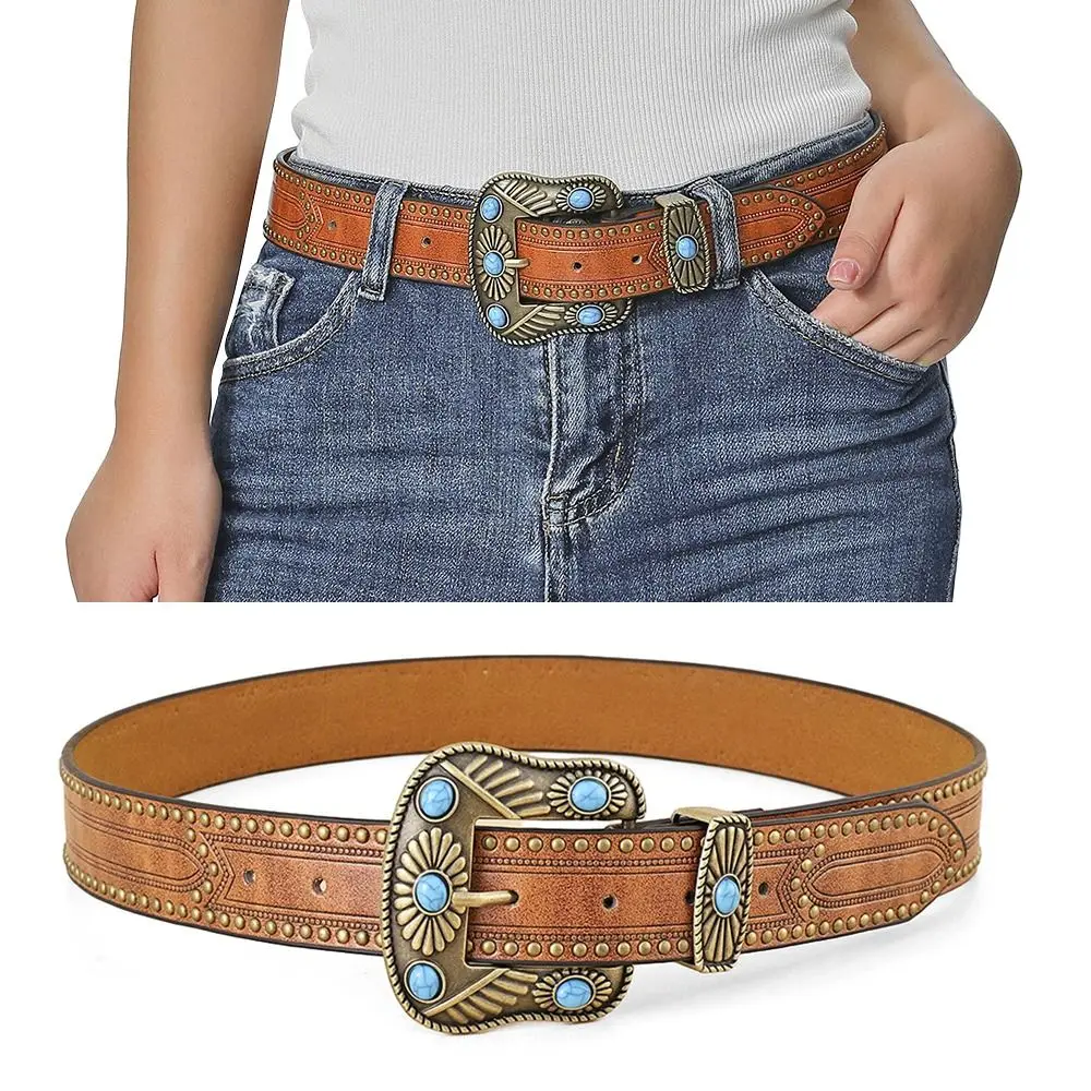 

PU Leather Western Belts Turquoise Decor Buckle Bohemian Cowgirl Cowboy Country Belts Floral Engraved Leather Belt Women