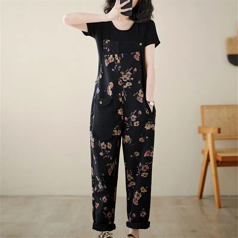 

2024 Spring New Print Floral Denim Jumpsuit Women Vintage Streetwear Dungarees High Waist Overalls Loose Nine Cents Pants W274