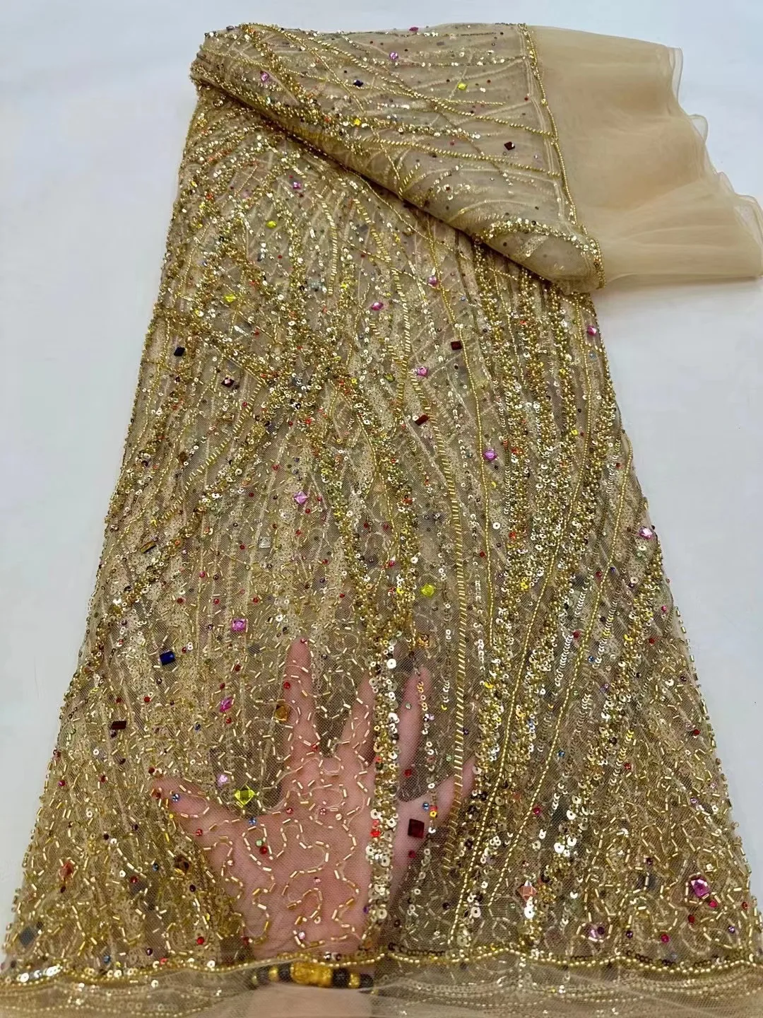 High Quality Gold African Mesh Lace Fabric French Net Fabric With Sequins Beads Stones Lace Sewing Tulle Nigerian Lace Fabric
High Quality Gold African Mesh Lace Fabric French Net Fabric With Sequins Beads Stones Lace Sewing Tulle Nigerian Lace Fabric
