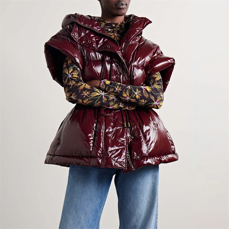 High quality new winter women's glossy thickened warm removable sleeve hooded down jacket drawstring waist fashionable down vest
High quality new winter women's glossy thickened warm removable sleeve hooded down jacket drawstring waist fashionable down vest