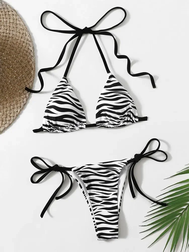 

Sexy Zebra Striped Micro Bikinis Set Mujer Halter Swimwear Mini Thong Swimsuit Women String Lace-up Bathing Suit Bikini Biquinis