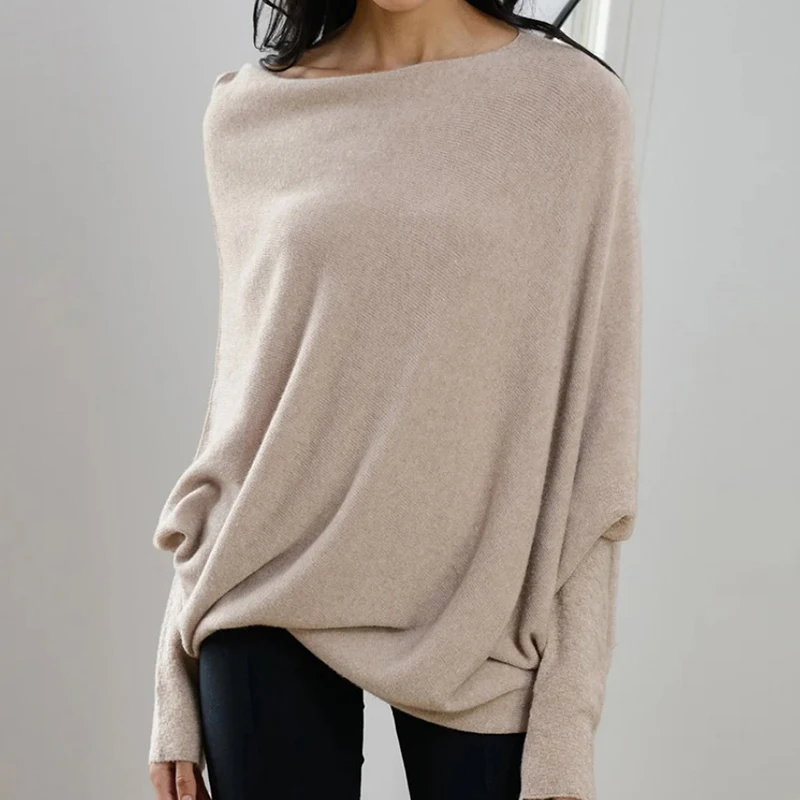 

Autumn Winter Solid Round Neck Pullover Women Sweaters Loose Batwing Sleeve Knitted Sweater Woman Casual Sexy Jumpers New 30463