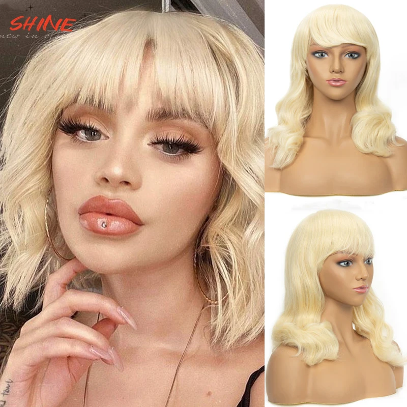 

613 Blonde Bob Synthetic Wig Bang None Lace Front 14 Inches Wavy Bob Wig Heat Temperature Fiber Wig For Black Woman Cheap Wig