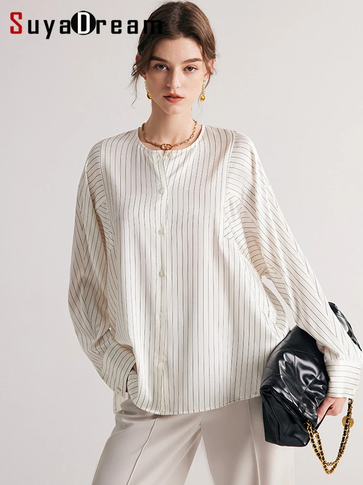 SuyaDream Women Stripes Shirts 100%Real Silk Round Collar Single Breasted Chic Blouses 2023 Spring Summer Loose White Top
SuyaDream Women Stripes Shirts 100%Real Silk Round Collar Single Breasted Chic Blouses 2023 Spring Summer Loose White Top