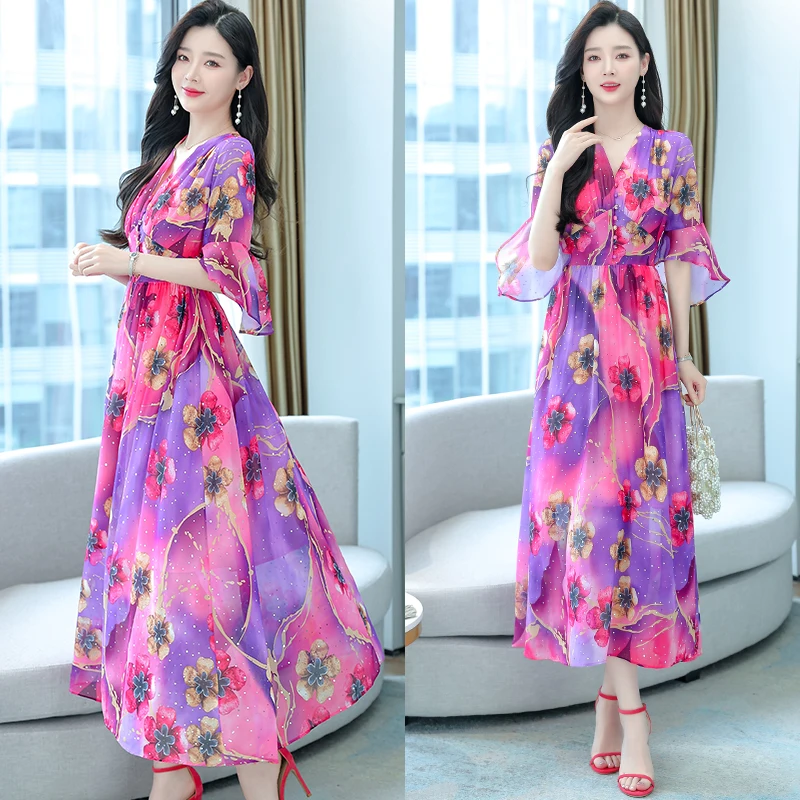 2023 New Elegant Women Chiffon Floral Long Dress Korean V Neck Flare Sleeve A-line Dresses Summer Bohemian Print Beach Dress
2023 New Elegant Women Chiffon Floral Long Dress Korean V Neck Flare Sleeve A-line Dresses Summer Bohemian Print Beach Dress