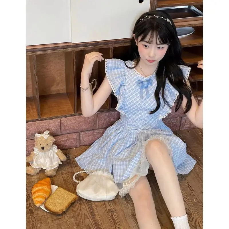 Blue Plaid Fly Sleeve Lace Puffy Dress Short Slim Thin Short Dress 2024 Summer New Sweet Fashion Women'S Clothing
Blue Plaid Fly Sleeve Lace Puffy Dress Short Slim Thin Short Dress 2024 Summer New Sweet Fashion Women'S Clothing