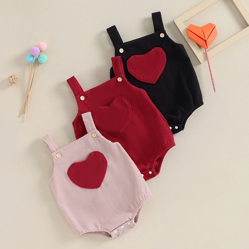 

2023-10-20 Lioraitiin 0-18M Baby Boy Girl Corduroy Romper Heart Pocket Sleeveless Strap Jumpsuit Valentine's Day Overalls Outfit