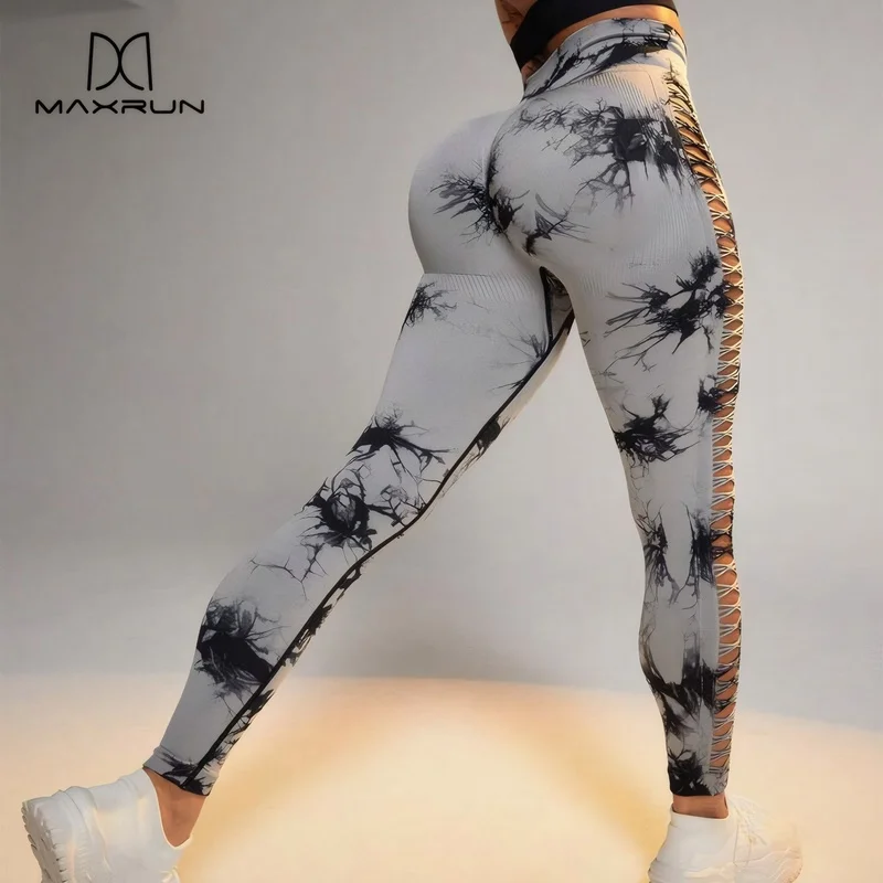 

MaxRunPro Tie Dye High Waisted Lift Hip Gym Fitness Leggings Hallow Breathable Yoga Pants Seamless Sport Tights For Women