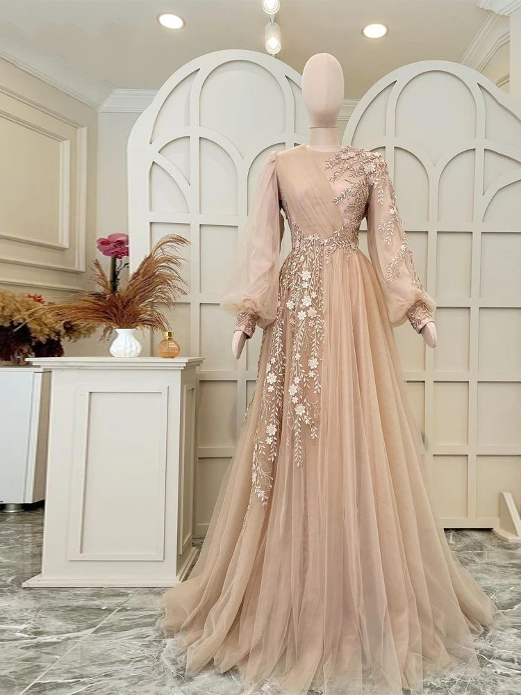 Haute Couture Elegant Champagne Muslim Formal Dress A-Line Tulle Long Sleeve Beads Moroccan Caftan Muslim Evening Party Gowns 
Haute Couture Elegant Champagne Muslim Formal Dress A-Line Tulle Long Sleeve Beads Moroccan Caftan Muslim Evening Party Gowns