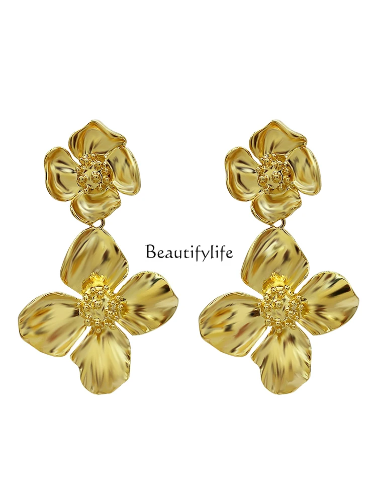 

Золотые элегантные ретро серьги с красивыми цветами Высококачественные Изящные серьги