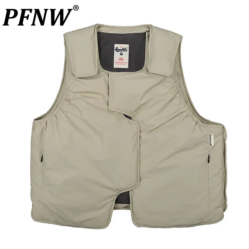 

PFNW Cotton Filling Vests Men's Safari Style Solid Color Spliced Waistcoats Male Casual Coats American Stylish 2024 New 28W2516