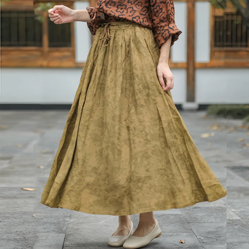 

LZJN Women's skirt elastic high waist vintage Tencel cotton jacquard casual art A-line skirt