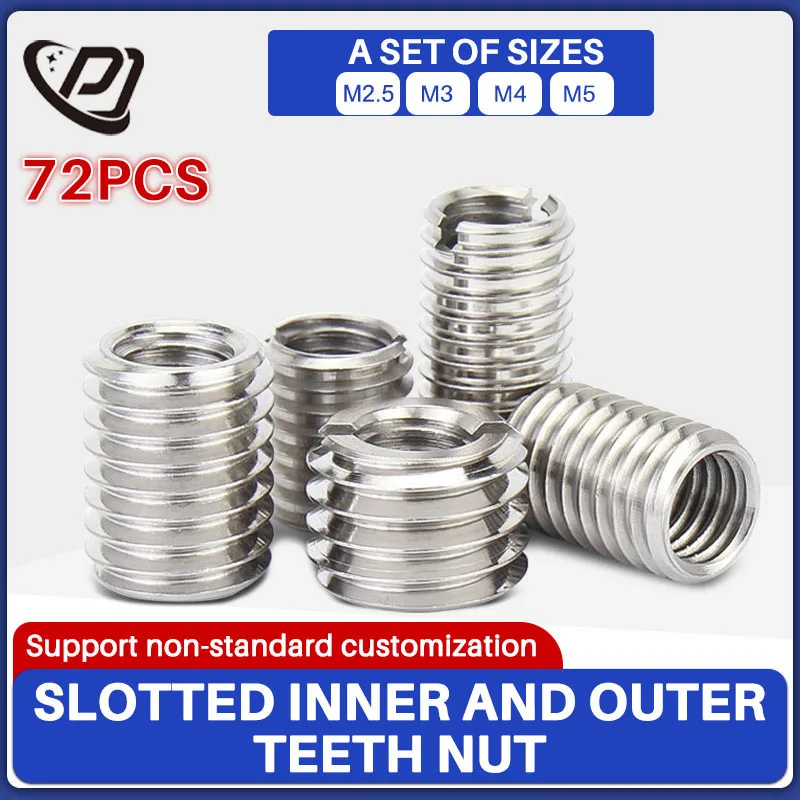 LPJ 72pcs/set M2.5~M5 Inner and Outer Teeth One Slot Nut 303 Stainless Steel Thread Insert Bushing with Plug Screw Sleeve Kits
LPJ 72pcs/set M2.5~M5 Inner and Outer Teeth One Slot Nut 303 Stainless Steel Thread Insert Bushing with Plug Screw Sleeve Kits