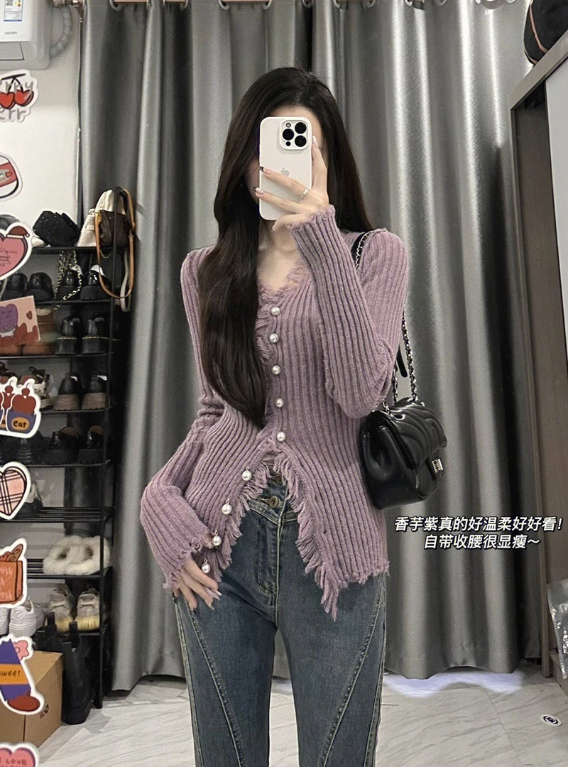 

Autumn and Winter Slim Design V-Neck Sweater for Women Split Irregular Young Lady Knitted Cardigans Tassel Female Jackets Cute
