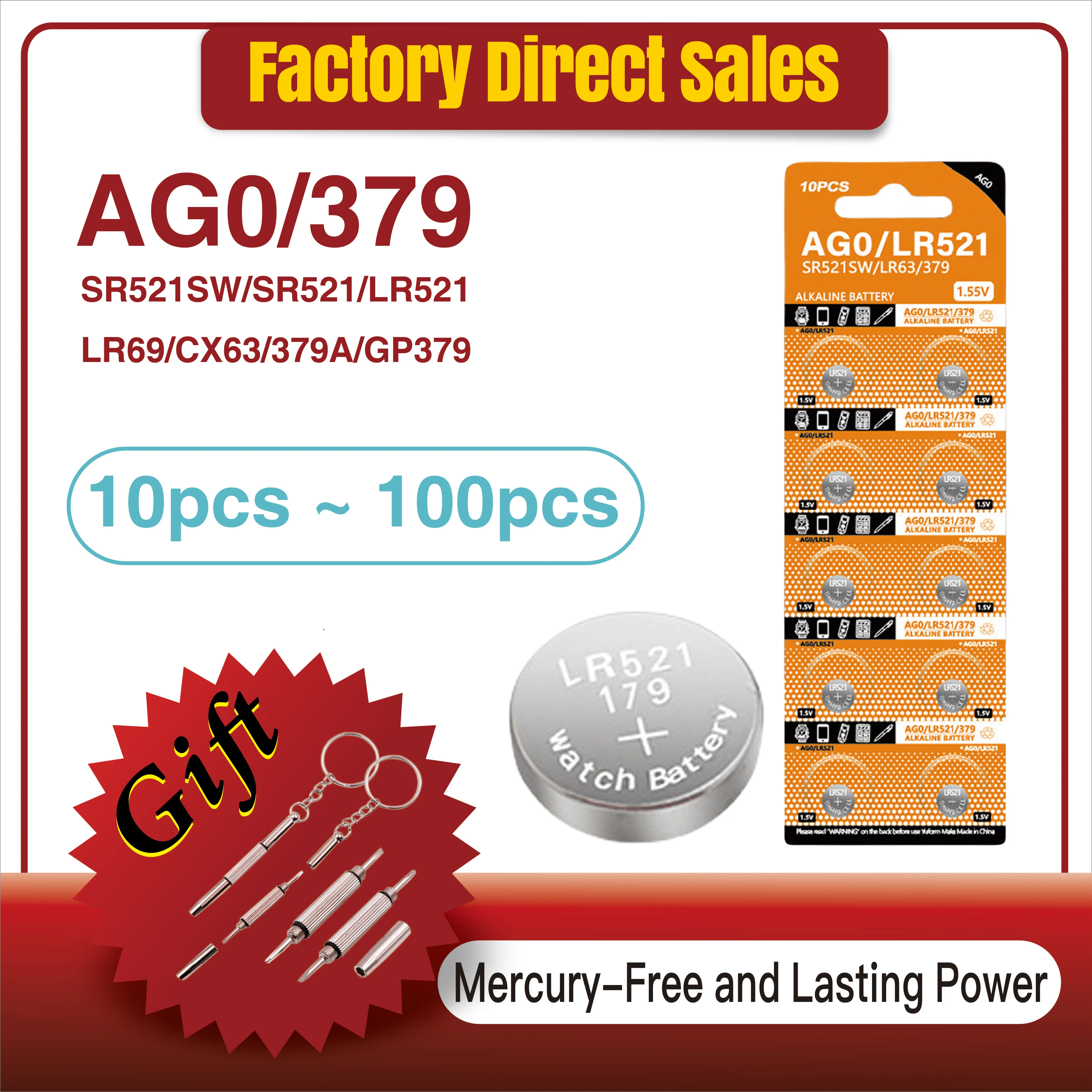 10-100PCS LR521 AG0 1.55V Alkaline Button Battery SR521SW 379 SR521 179 SR63 Watch Battery Coin Cell for Keychain Flashlight Toy
10-100PCS LR521 AG0 1.55V Alkaline Button Battery SR521SW 379 SR521 179 SR63 Watch Battery Coin Cell for Keychain Flashlight Toy