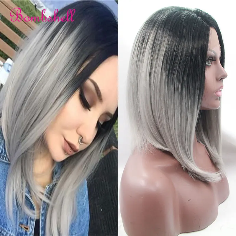 

Bombshell Black Ombre Silver Grey Synthetic Lace Front Wig Short Bob Pre Plucked Hairlin Heat Resistant Fiber For Women Wigs