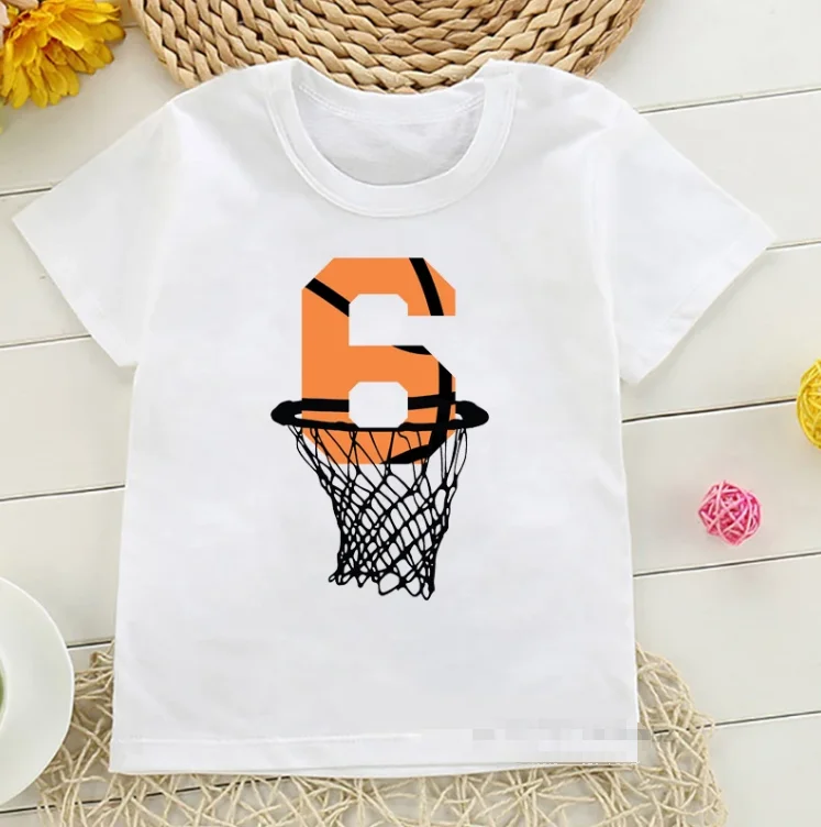 

Summer Basketball Birthday Numbers T-shirts Cute Children’S Basketball Players Shoot Into the Net Print Tees Top Kid Casual Wear