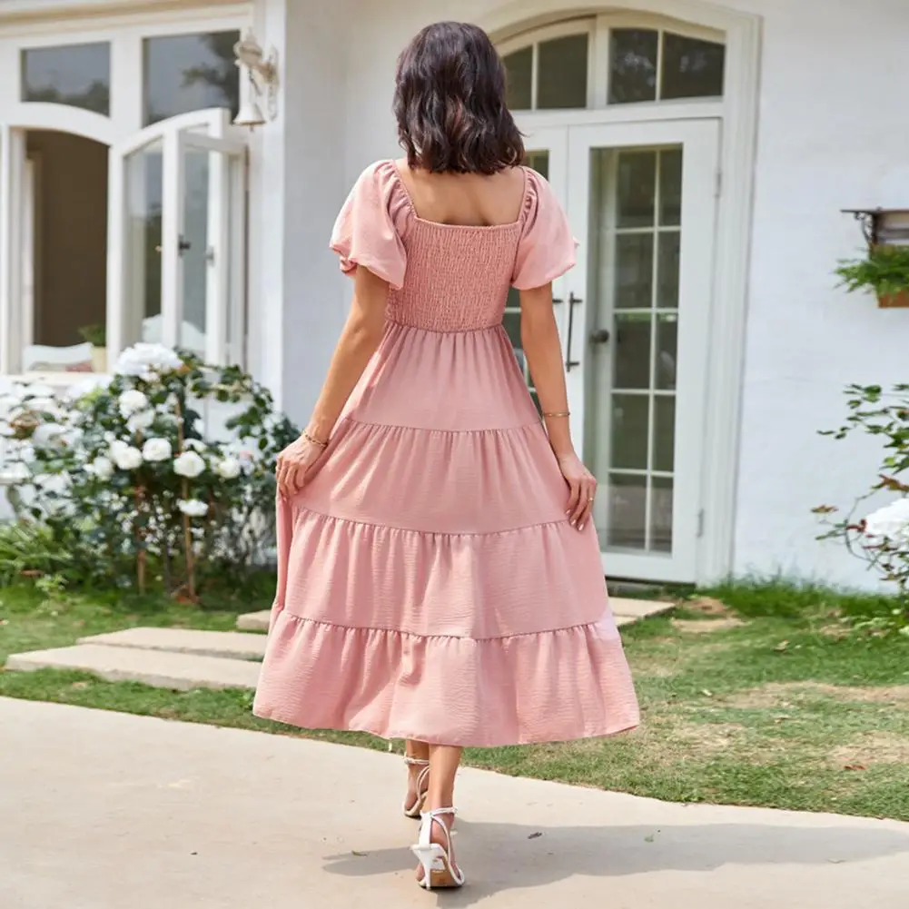 

Pleated Swing Dress Elegant Square Neck Midi Dress with Bubble Sleeves Pleated Patchwork Detail Women's A-line Hem for Beach