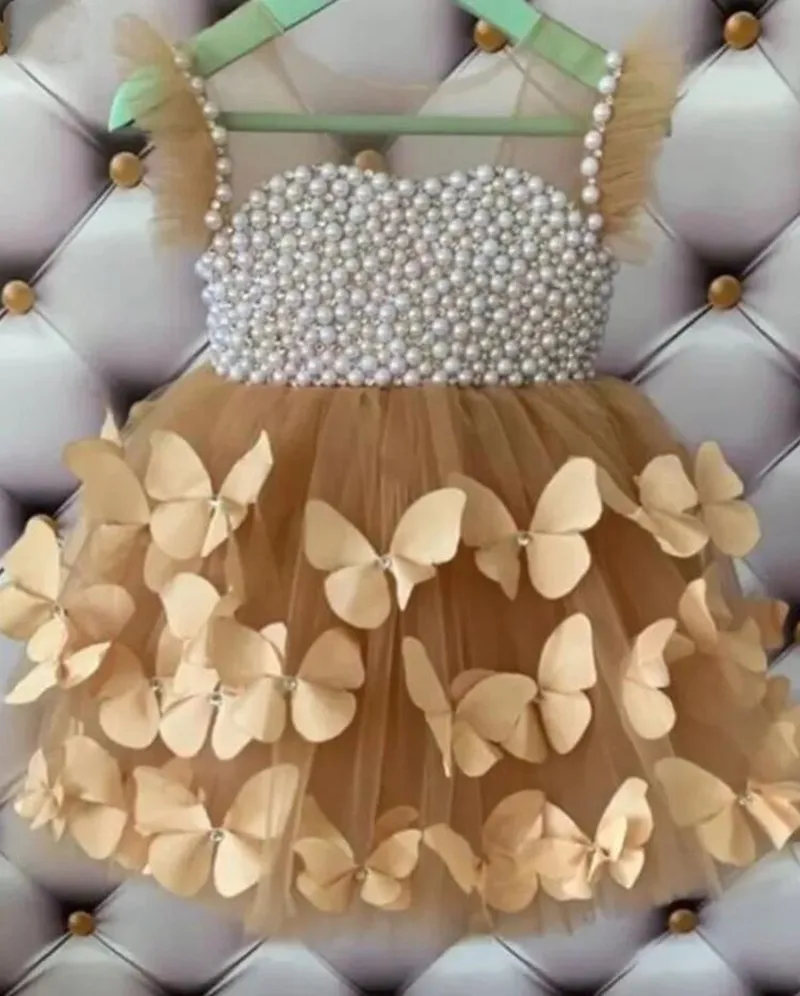 

Champagne Tulle 3D Butterflies Baby Girl Birthday Dress with Pearls O Neck Princess Flower Girl Dress Kid Tutu Outfit Size 12M