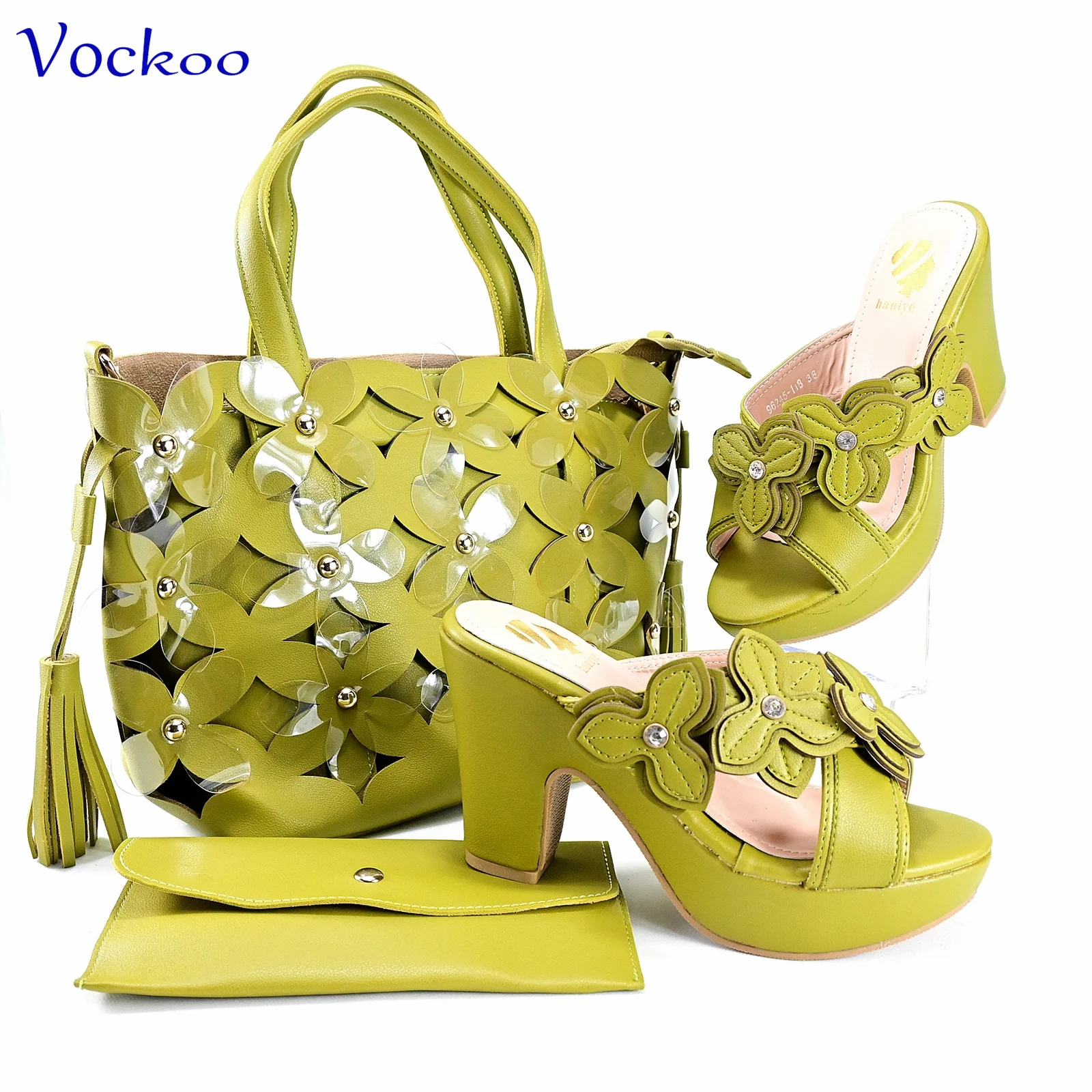 

Classics Style Slipper with Platform Elegant African Women Shoes Matching Bag Set in Lemon Green Color for Wedding Party