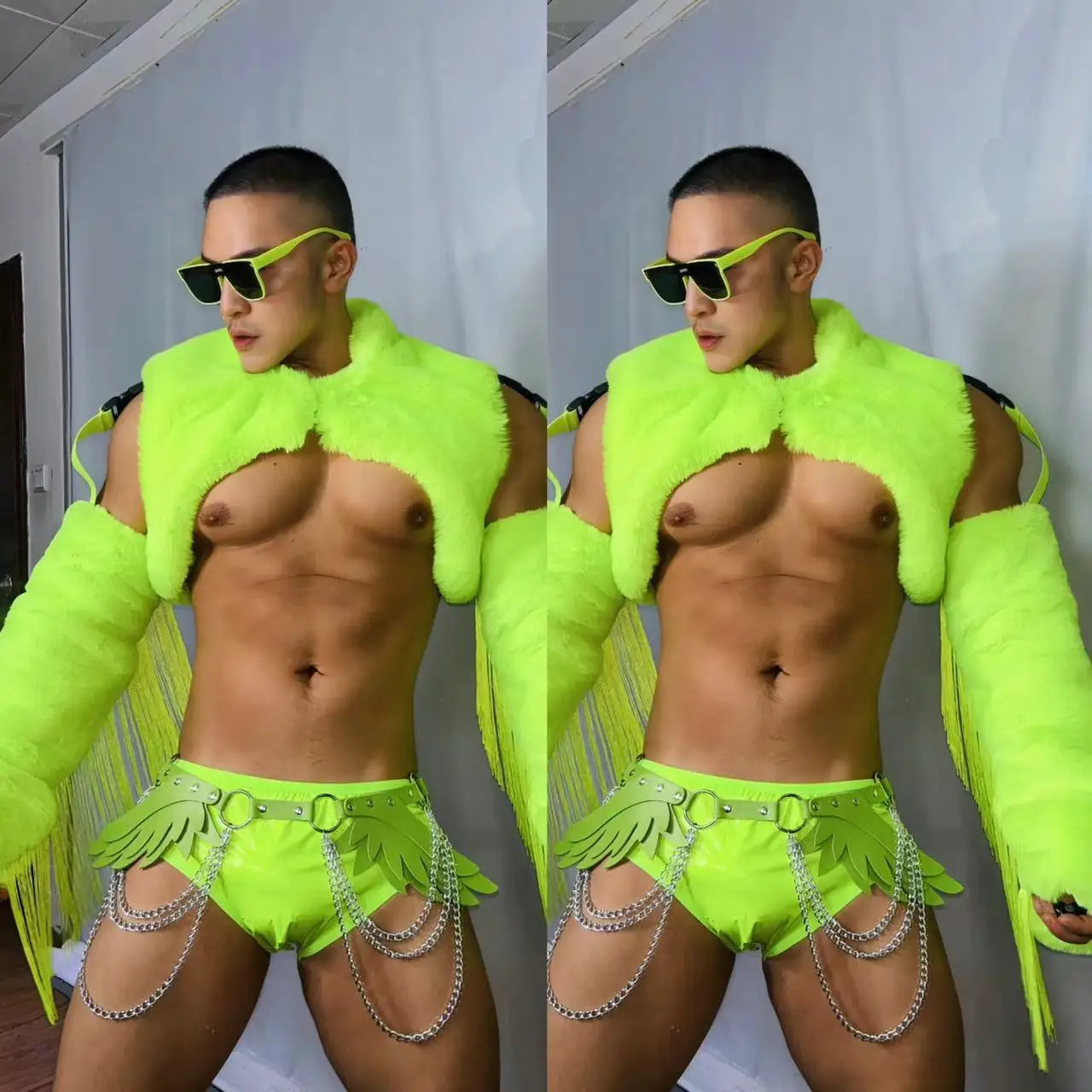 

Fluorescence Colors Pole Dance Costume For Male Fur Coat Wing Belt Short Sexy Nightclub Bar Gogo Dancer Stage Clothing