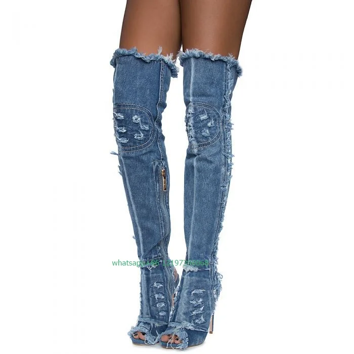 

Lady cowboy denim design slingback thigh boots hollow peep toe punk style over the knee boots size 36-44 side zip stiletto heel
