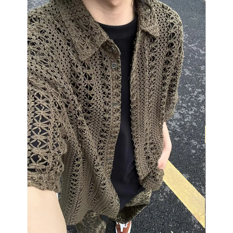 Fashion Oversize Button Lapel Short Sleeve Knitted Cardigans Top Men's Shirts Knit 2024 Hollow Out Transparent Shirt Streetwear 
Fashion Oversize Button Lapel Short Sleeve Knitted Cardigans Top Men's Shirts Knit 2024 Hollow Out Transparent Shirt Streetwear