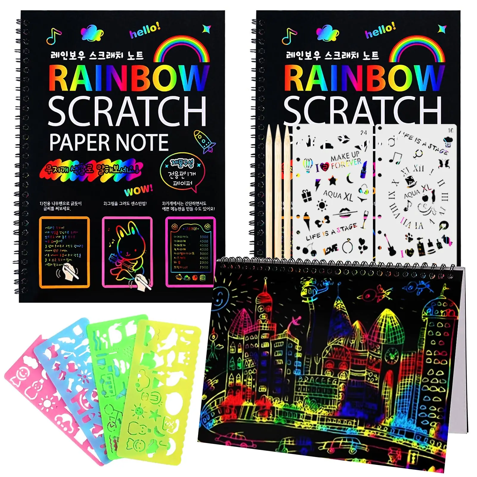 3Pcs Rainbow Scratching Paper Art Set with 3 Wooden Stylus 6 Stencils Scratching Crafts DIY Drawing Boards Kit for Kids Toy
3Pcs Rainbow Scratching Paper Art Set with 3 Wooden Stylus 6 Stencils Scratching Crafts DIY Drawing Boards Kit for Kids Toy