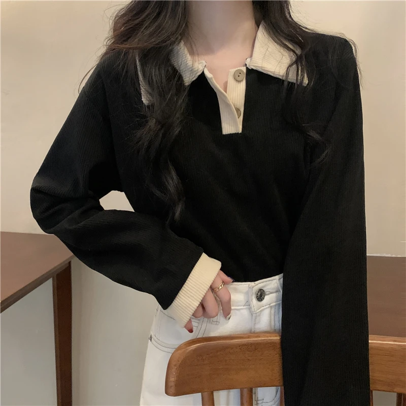 

Black Corduroy T Shirt Women Turndown Collar Long Sleeve Casual Tees Y2k Tops Loose Korean T-shirts 2023 Blusas Mujer De Moda