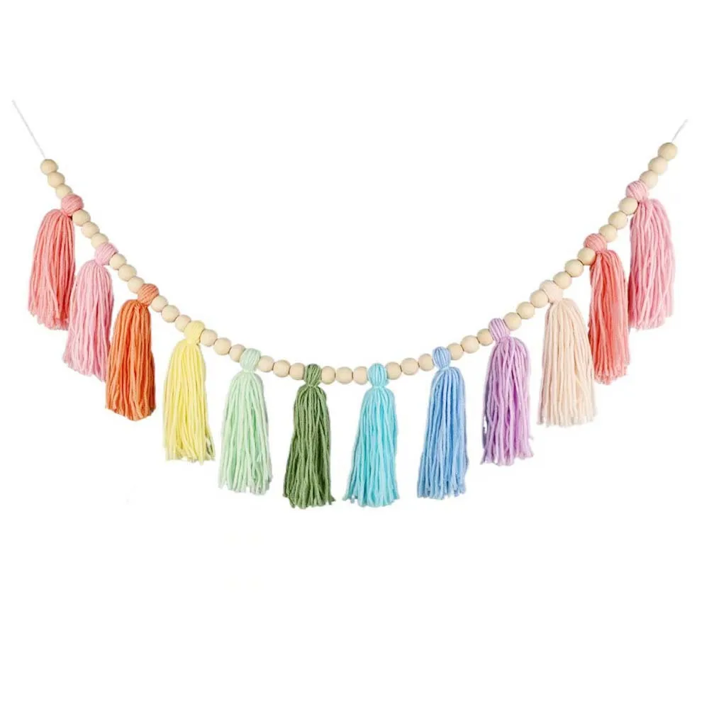 Boho Wall Hanging Decor Set - Wooden Beads & Wool Ball Garland 2 Sd4fa3f5deb224f0eab55a15e2601d79bw