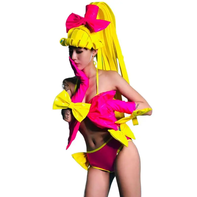 

Festival Carnival Party Bar Nightclub Stage Outfit Pink Bow Bikini Wig Headdress 4 Piece Set DJ Team Show Performance Costume