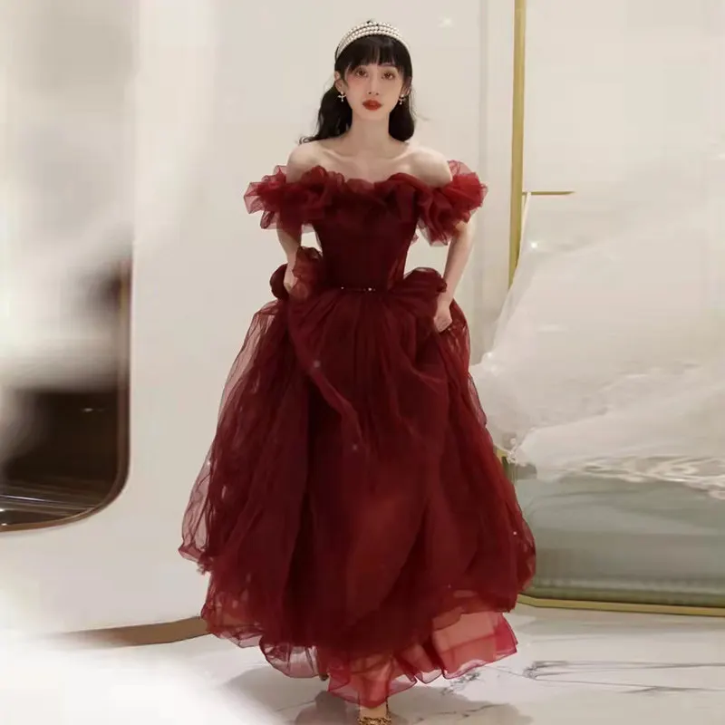 

Evening Dress Short Sleeves Luxurious A-Line Simple Elegant Floor-Length Burgundy Boat Neck Pleat Woman Formal Party Gown A2445