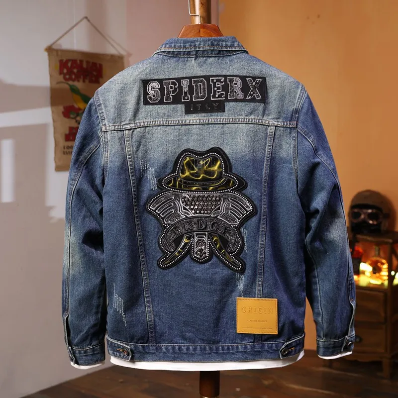 

Retro Washed Distressed Denim Jackets Men's Autumn Loose Casual Lapel Tops Denim Trendy Embroidery Motorcycle Male Cowboy Coats