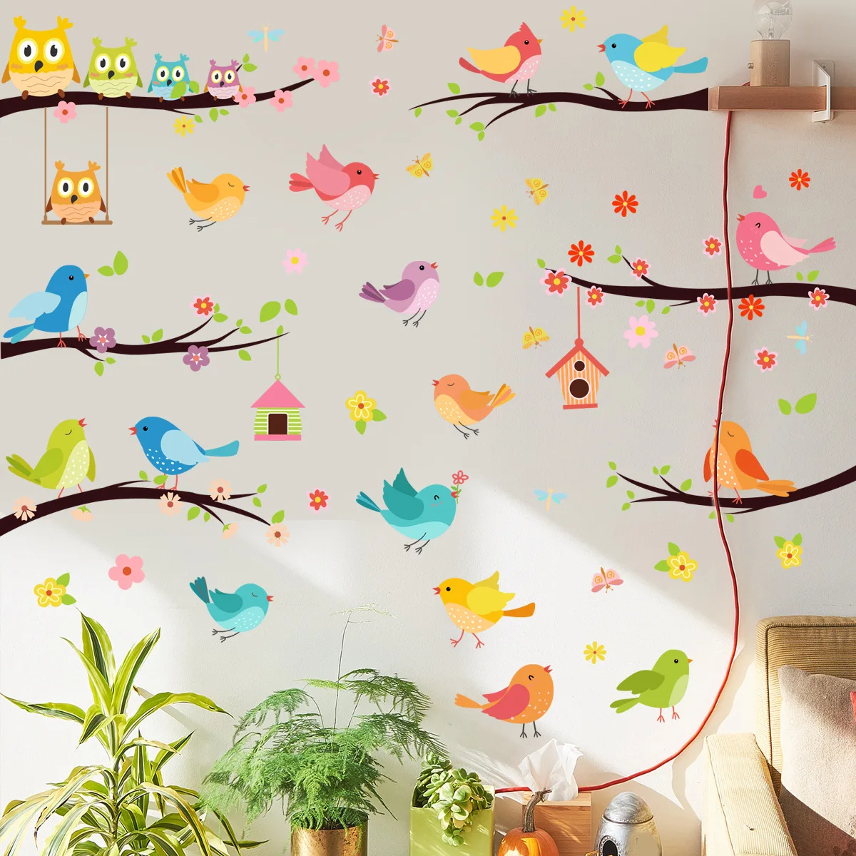 

2pcs Branches Bird Bird Cage Cartoon Wall Stickers Kawaii Background Wall Living Room Room Decorative Mural Wall Stickers Ms6220