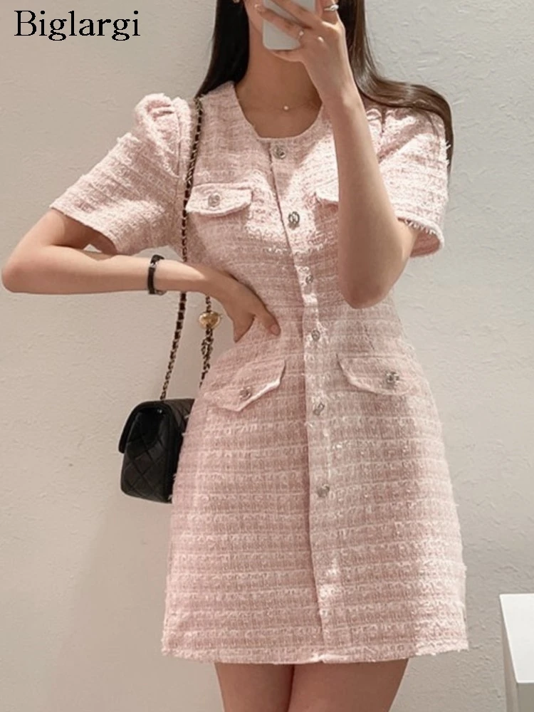

Мини-платье женское твидовое с пышными короткими рукавами, модное облегающее розовое платье-пальто с завышенной талией, в Корейском стиле, на лето